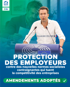 Guillaume Peltier au Parlement européen, visuel annonçant l'adoption d'amendements en faveur de la protection des employeurs.